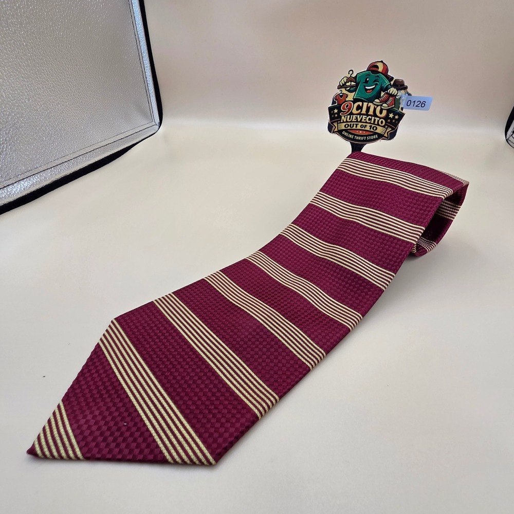 Paul Fredrick Mens Burgundy Gold Striped Italian Silk Hand Tailored Necktie USA